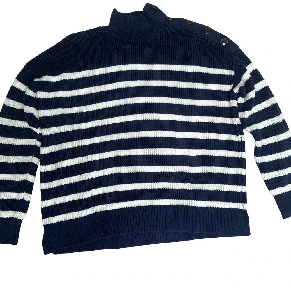 Loft Navy White Striped Mock Neck‎ Sweater Coastal Preppy Nautical Chic medium